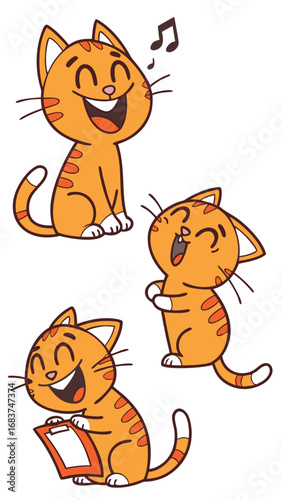 Joyful orange tabby cat expressing happiness through singing, dancing, and writing with musical notes and clipboard