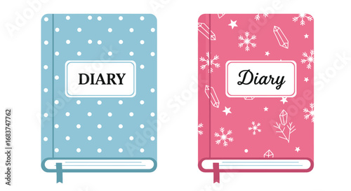 Two diary books with polka dots and snowflakes, isolated on white background, perfect for personal organization and winterthemed content creation