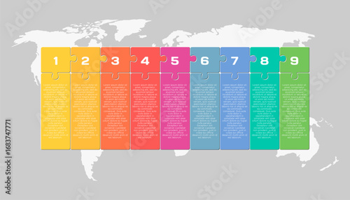 Nine steps line infographic, color puzzle diagram