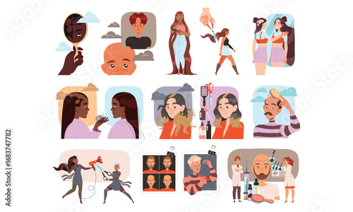 Diverse Characters and Various Scenes Represented in a Modern Illustrative Art Style