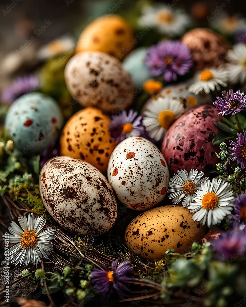 Obraz premium Vibrant eggs surrounded by seasonal flowers high resolution picture