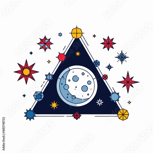 Mystical Celestial Triangle with Moon and Stars Sacred Geometry Symbolism