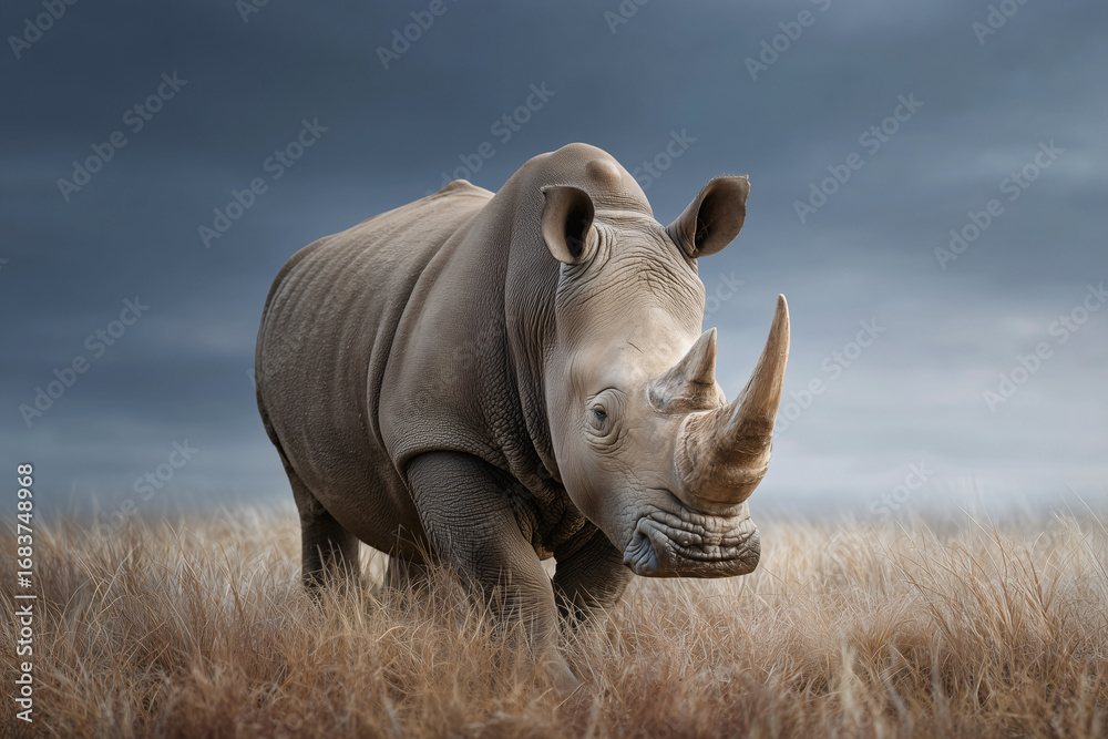 Obraz premium A majestic rhinoceros stands proudly in a field of tall grass, with a dramatic sky in the background