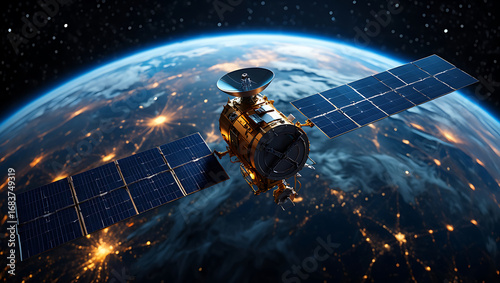 A modern satellite with solar panels orbits the earth, illuminating the planets surface with city lights at night
