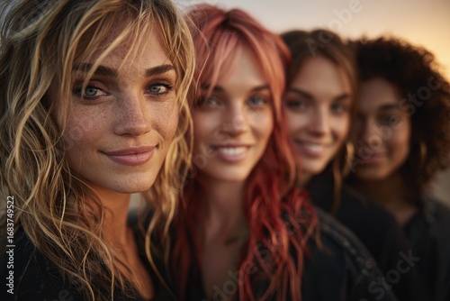 Four women with diverse hairstyles, smiling warmly at the camera, their expressive faces and natural beauty highlighted in a close-up shot.
