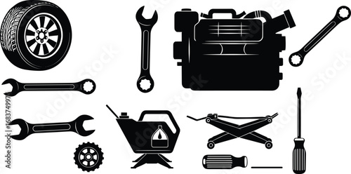 Car repair tools, engine parts, wrench, screwdriver, car jack, oil can, tire, wheel, auto maintenance, vehicle service tools