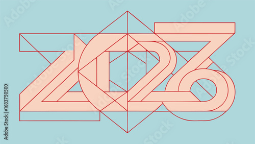 Geometric line art of the year 2026 in coral color