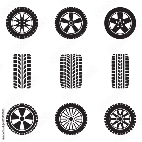 Set Road tire icon. Vector concept illustration for design. Vector black silhouette. with white background