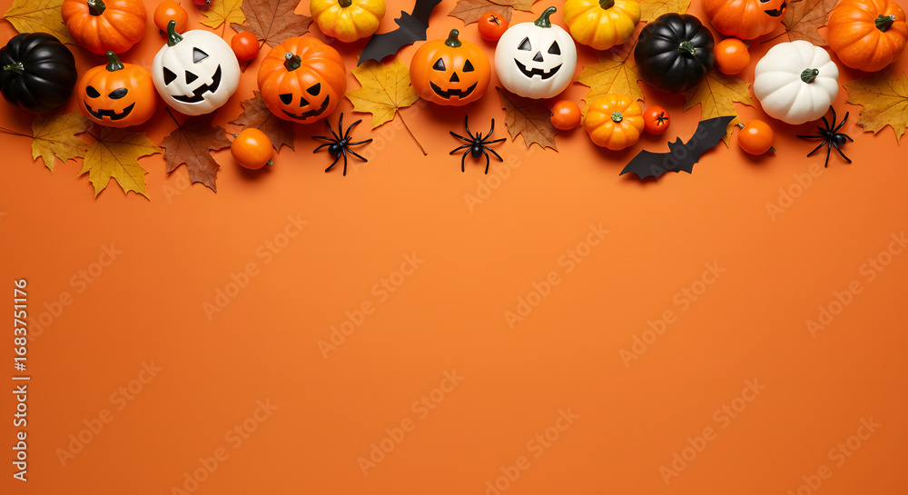 Fototapeta premium Halloween Pumpkins with Spiders and Bats on Orange Background