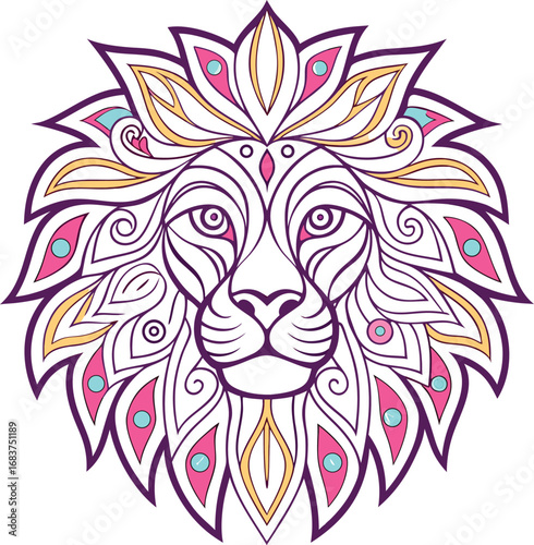 Intricate mandala lion head with colorful petal mane and zentangle patterns