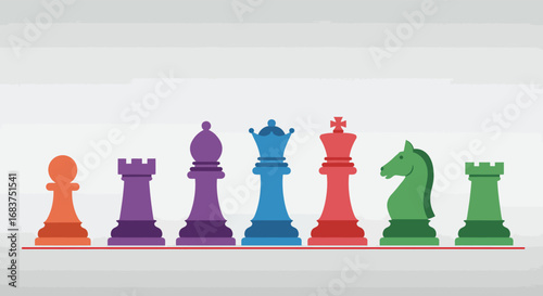 Colorful chess pieces in a row, isolated on white background, perfect for strategy game content creation and promoting intellectual stimulation