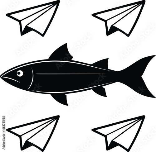 Fish swimming against the current with paper airplanes symbolic of individuality