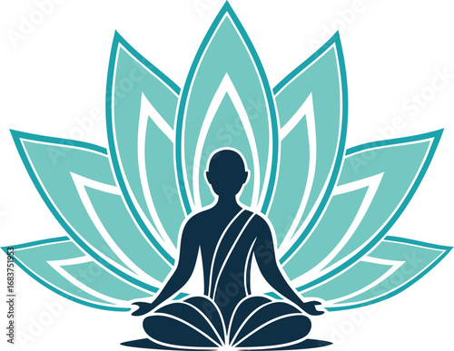 Serene figure meditating amidst a radiant teal lotus flower symbolizing peace and enlightenment