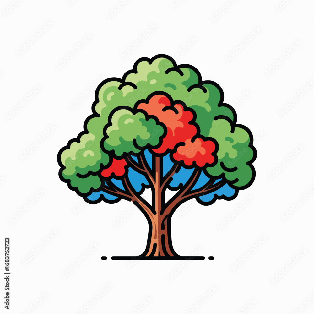 Fototapeta premium Vibrant Colorful Tree With Green Red Blue Leaves And Brown Trunk