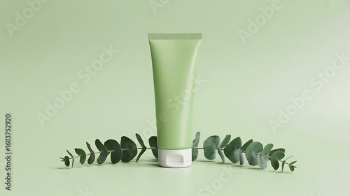 A light green cosmetic tube stands upright surrounded by eucalyptus leaves on a pale green background