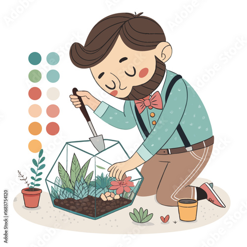 A bearded man carefully tending to his plant terrarium.