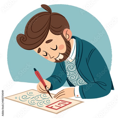A bearded man in vintage clothing writing calligraphy.