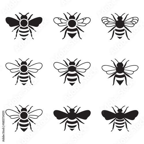 Set Bee icon. Vector concept illustration for design. Vector black silhouette. with white background