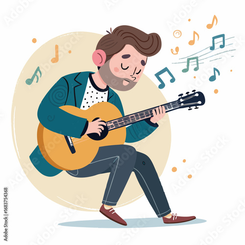 A bearded man passionately playing an acoustic guitar illustration.