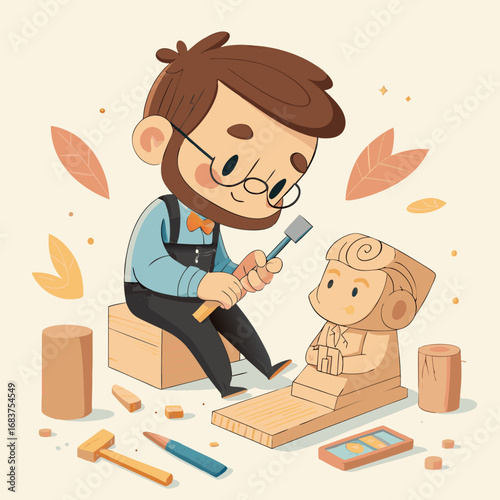 A cartoon woodcarver with a beard and glasses carefully chisels a small wooden statue.