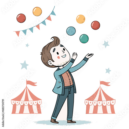 A charming cartoon juggler at a funfair.