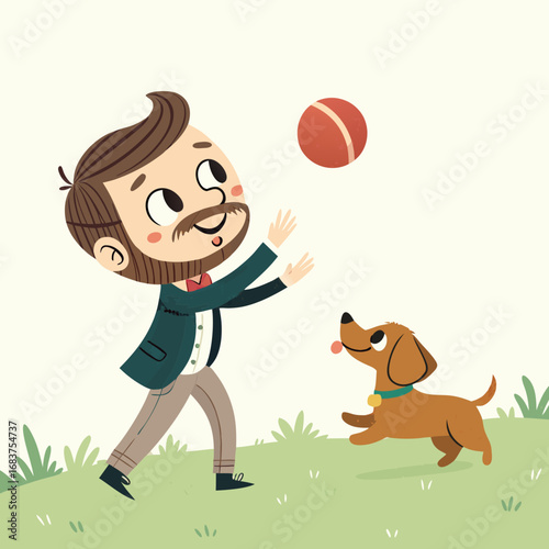 A charming illustration of a bearded man playing with his happy dachshund dog in a park.