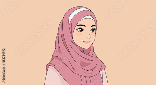 Illustration of a woman with a pink hijab and a white headband, set against a peach background, showcasing a simple and elegant design style