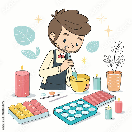 A charming illustration of a man crafting beautiful homemade candles.