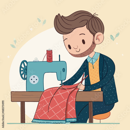 A charming illustration of a man using a sewing machine to create clothes.