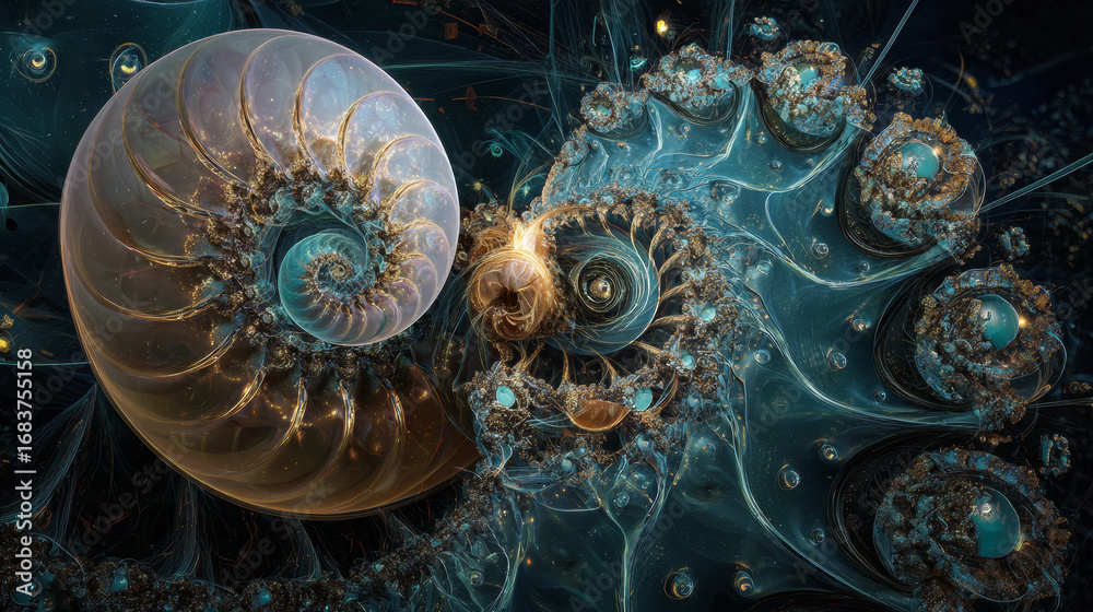 Fototapeta premium Abstract fractal patterns and shapes. Infinite universe..Mysterious psychedelic relaxation pattern. Dynamic flowing natural forms. Sacred geometry.Mystical spirals.