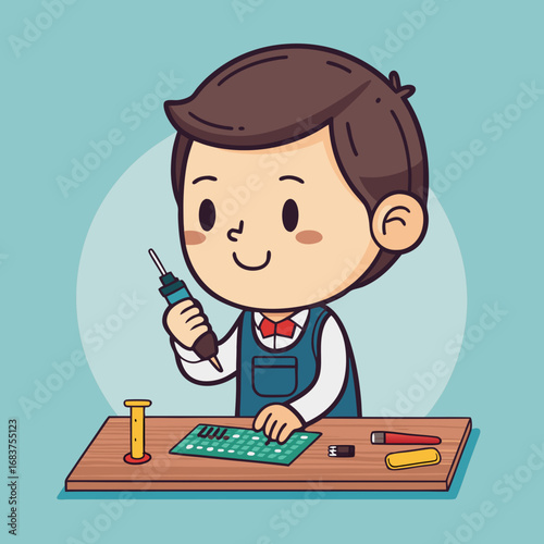 A cute cartoon boy is soldering an electronic circuit board at his desk.