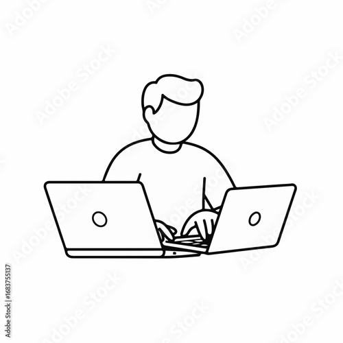 Person efficiently multitasking with two laptops, typing energetically for maximum productivity and digital work success.