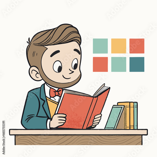 A dapper cartoon man with a beard reading a book at a desk.