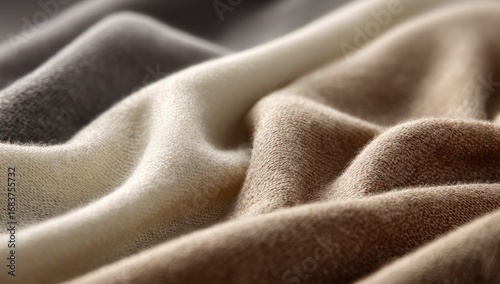 Close-up of draped, textured fabrics in muted tones