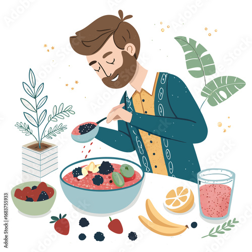 A happy bearded man prepares a healthy smoothie bowl with fresh fruits and berries for breakfast.