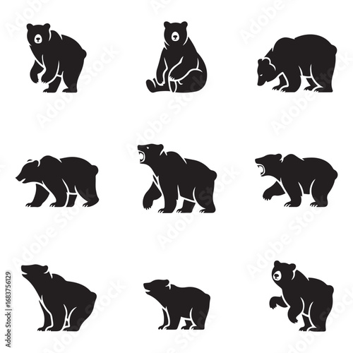 Set Bear icon. Vector concept illustration for design. Vector black silhouette. with white background