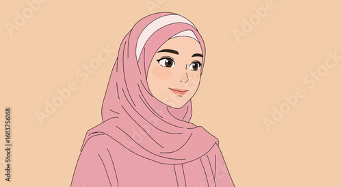 Illustration of a woman with a pink hijab and a white headband, set against a peach background, showcasing a simple and elegant design style