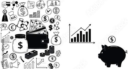 Money management, financial growth, wallet with cash, saving piggy bank, investment chart, budget planning, currency finance, banking concept illustration