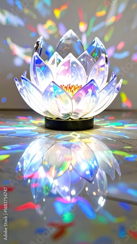 Crystal lotus flower sculpture reflecting vibrant light