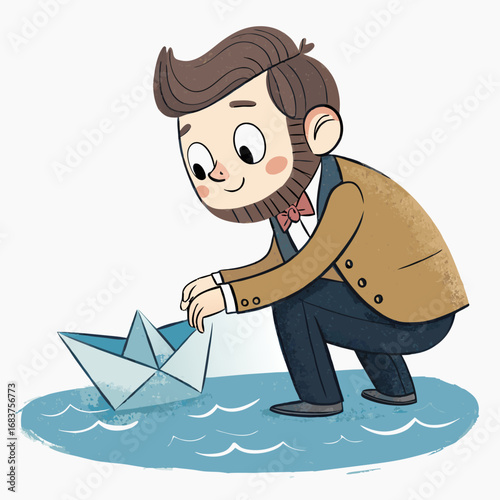 A man in a brown jacket carefully places a paper boat in water.