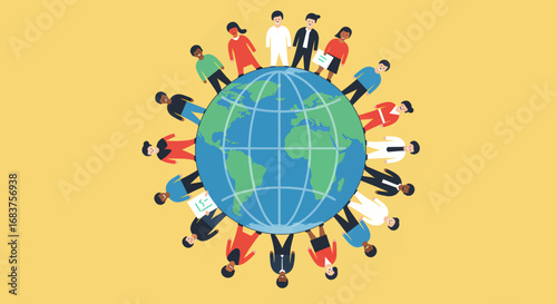 Globe with people in circle symbolizing global democracy and unity