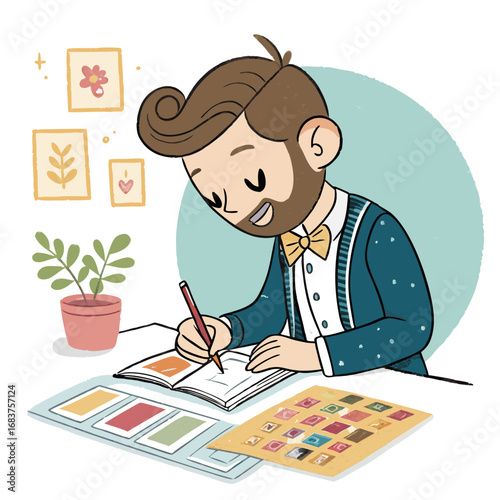 A stylish man with a beard and bow tie drawing in a sketchbook at his desk.