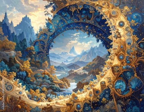 Golden frame surrounds a serene mountain landscape