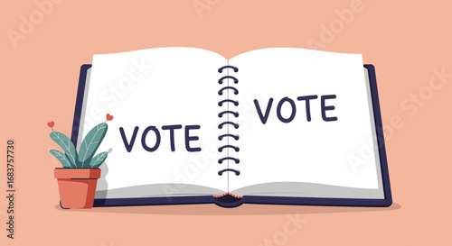 Open book with word vote symbolizing democracy and election