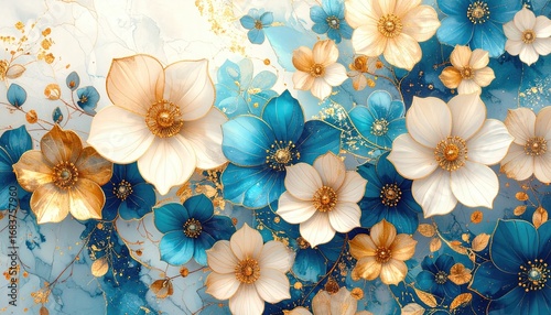 Floral wallpaper design, cream, gold, blue blooms