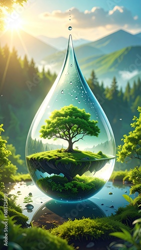 A clear water droplet, a miniature world within, rests on a mossy stone, reflecting a lush mountain landscape
