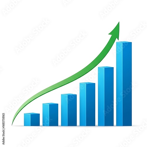 Blue bar graph with a green arrow showing upward trend and growth on a white background Free Download Blue bar graph with a green arrow showing upward trend and growth on a white background - GFXLoad