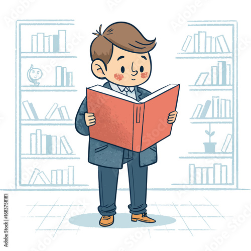 A young boy in a suit stands and reads a large red book in a library.
