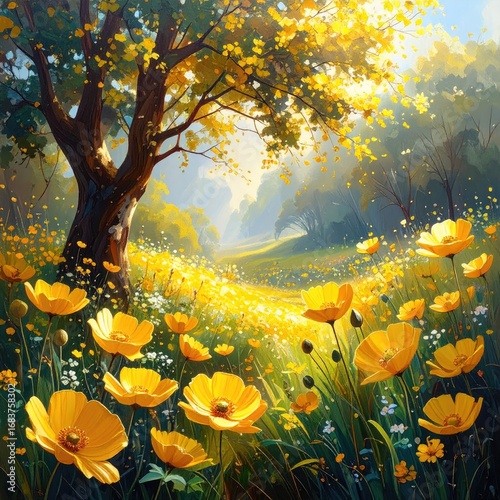 Sunlit meadow, vibrant yellow flowers, lush trees