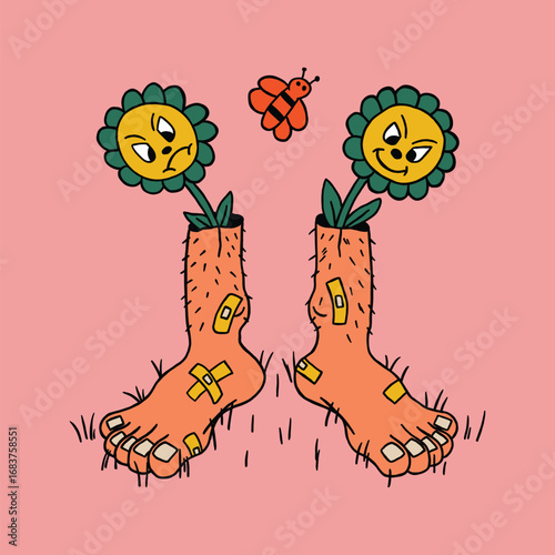 feet growing flowers retro cartoon illustration